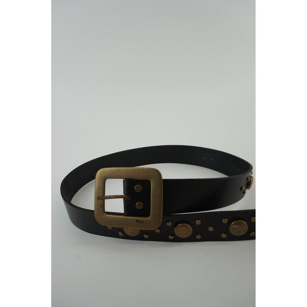 Lauren Ralph Lauren Studded Leather Belt Western Boho Brass Buckle Black L - Picture 7 of 7